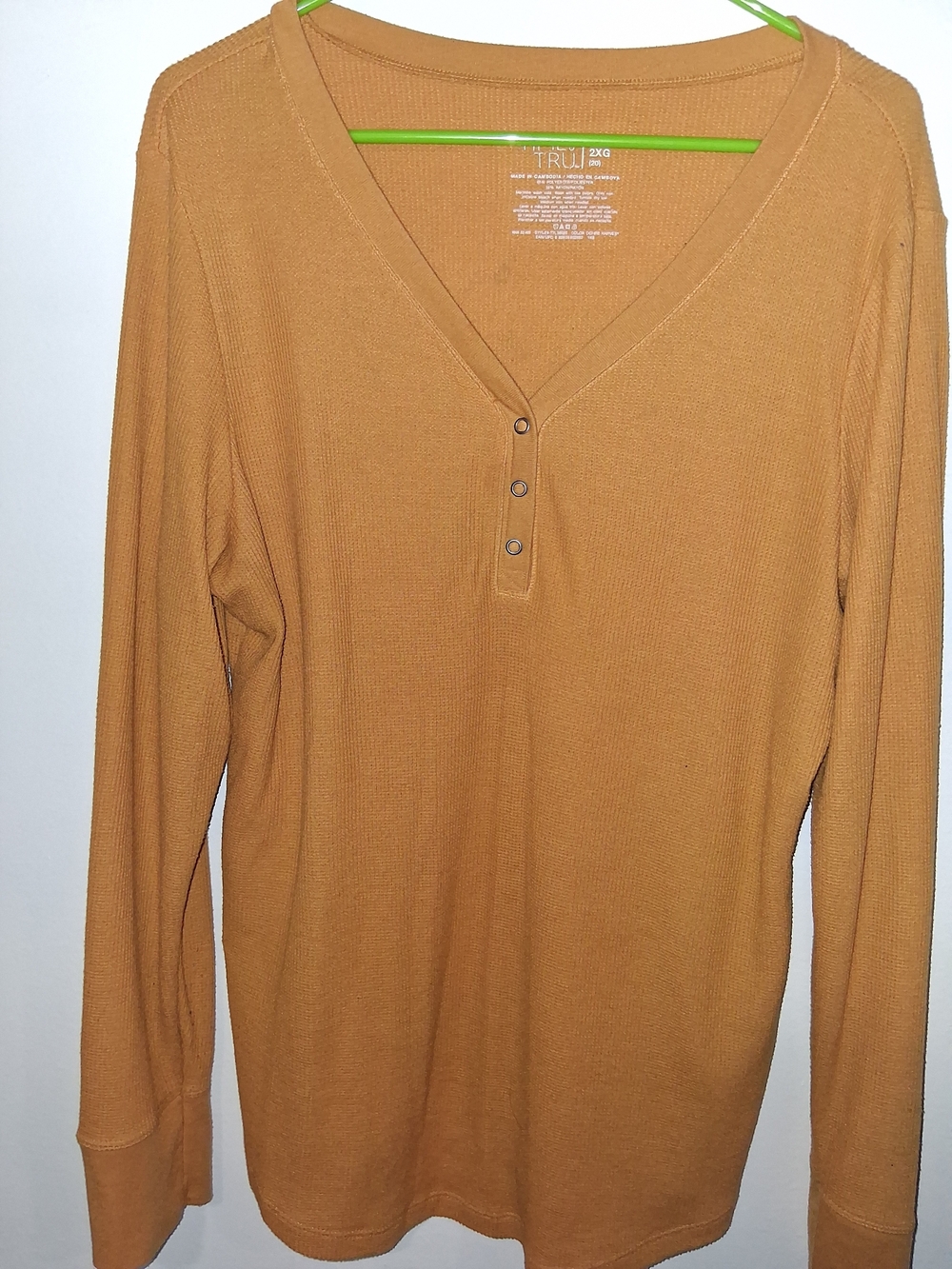 Time and Tru Women's V-Neck Henley Sweater in Mustard Brown
